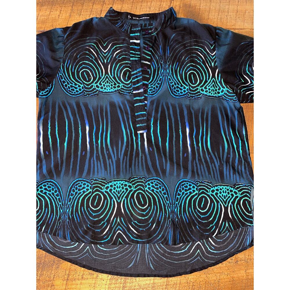 Womens W118 by Walter Baker‎ Blue Green Abstract 1/2 Button Down Blouse Size M